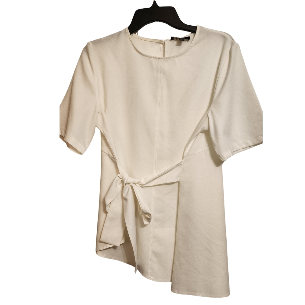 L.N.V.  Assymetrical  Cream Short Sleeve Tie-Waist Blouse
